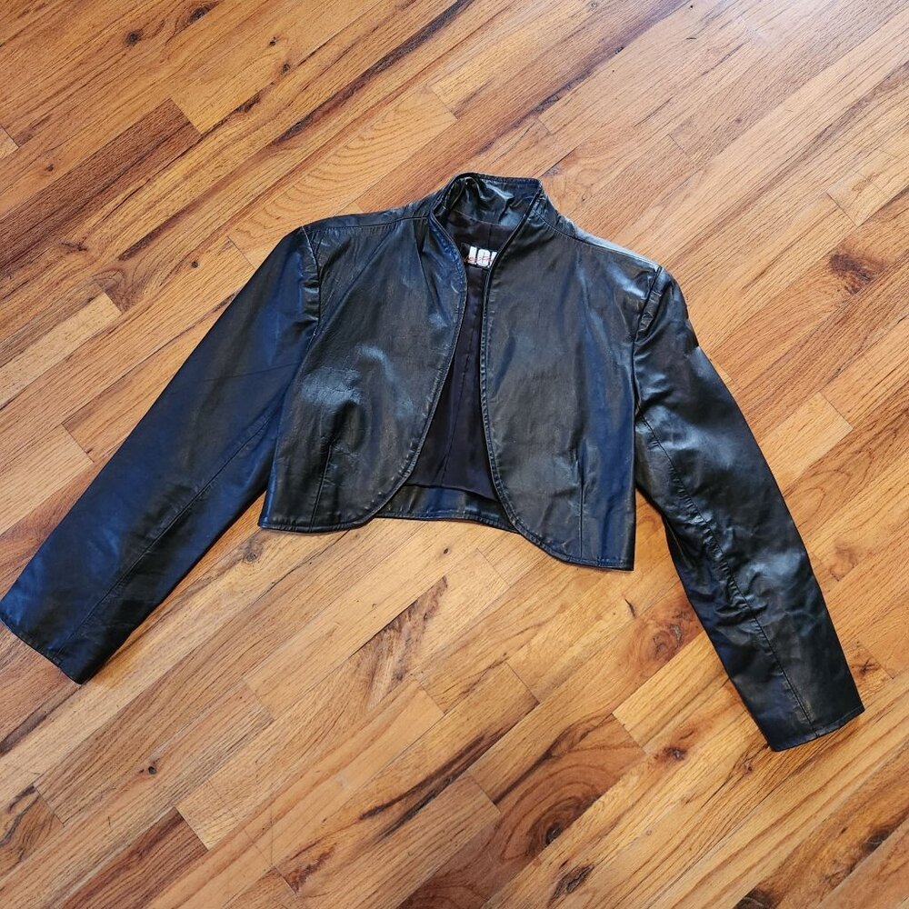 Vintage 1980s Womens Cropped Black Leather Jacket By IOU Leather Preppy M